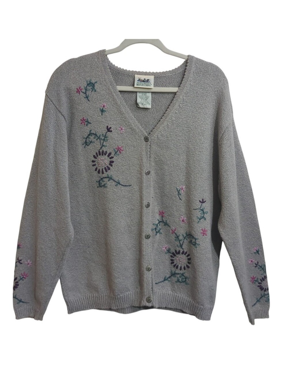 Vtg Northern Reflections L Gray Knit Cardigan V Neck Floral Embroidery Granny